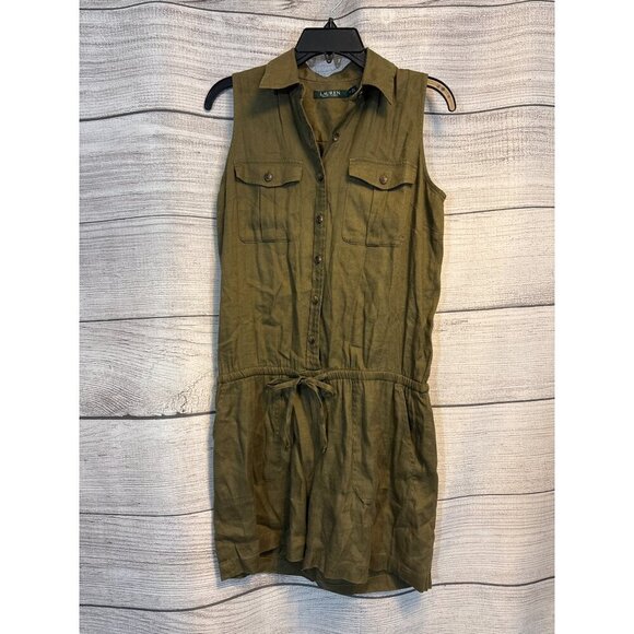 Lauren Ralph Lauren Sleeveless Olive Romper With Button Front & Drawstring Waist - Picture 1 of 3